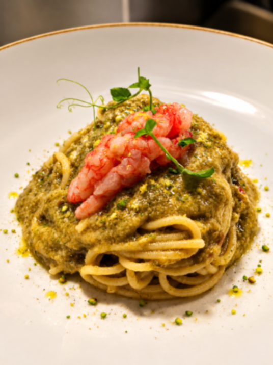 Spaghetti con cipollotti e crostacei 