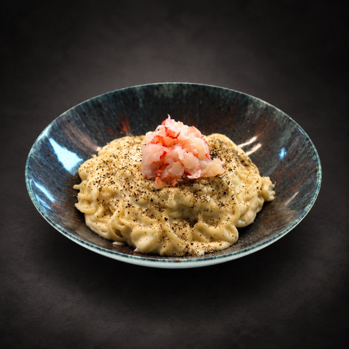 Tagliolini Cacio e Pepe con Tartare di Gamberi
